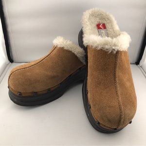 Roxy Laura Tan Suede Faux Sherpa Lined Chunky Platform Heeled Clogs Sz 8